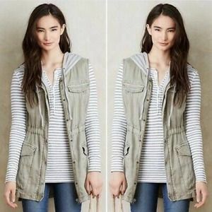 Hei Hei Womens Vest Green Zip Up Snap Drawstring Hooded Flap Pockets Stretch M